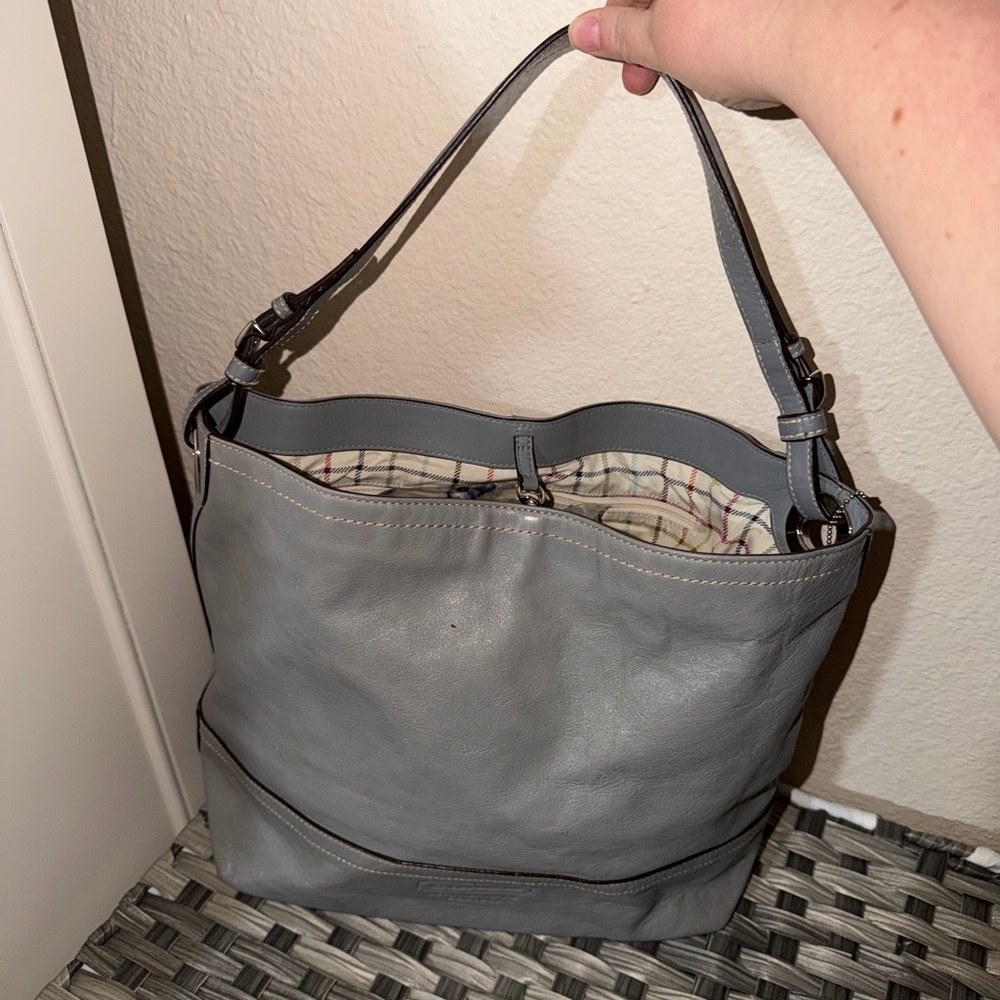 Coach Gray Leatherware Shoulder Bag Bucket Hobo Tattersall Plaid lining Z17197 - Picture 15 of 16